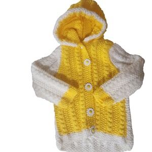 Handmade Yellow White Daisy Button Crochet Hooded Cardigan Sweater Sparkle Baby
